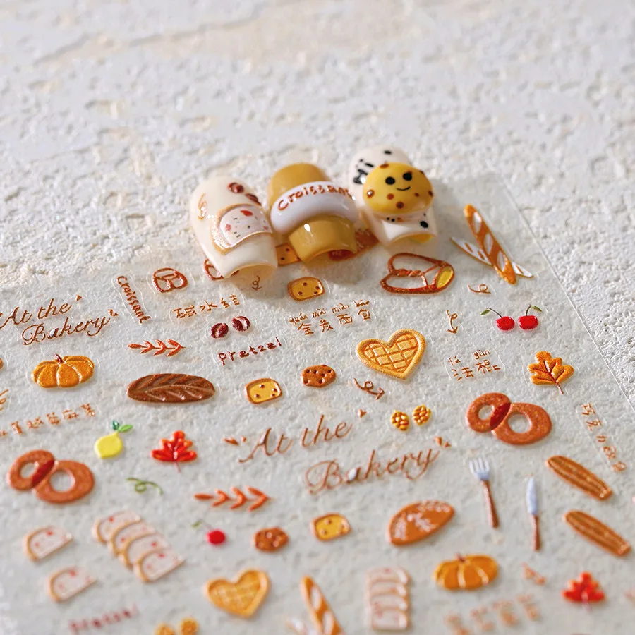 Pumpkin Bread Donuts Baguette Cookie Cartoon 5D Embossed Reliefs Self Adhesive Nail Art Stickers Autumn Bakery Manicure Decals