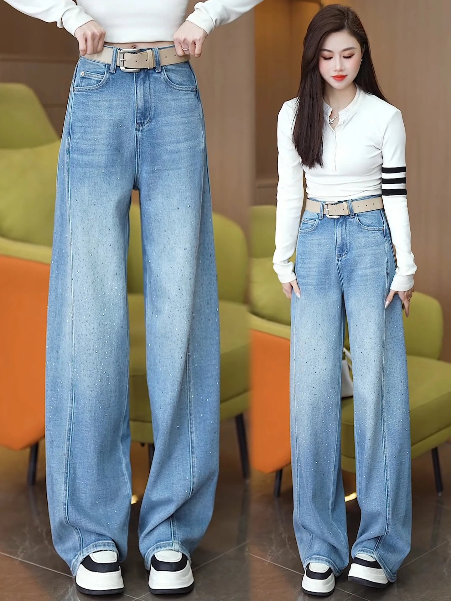 

Джинсы с высокой талией и широкими штанинами для женщин, весна-осень 2026, новый стиль, элегантные повседневные джинсы с эффектом похудения, украшенные стразами