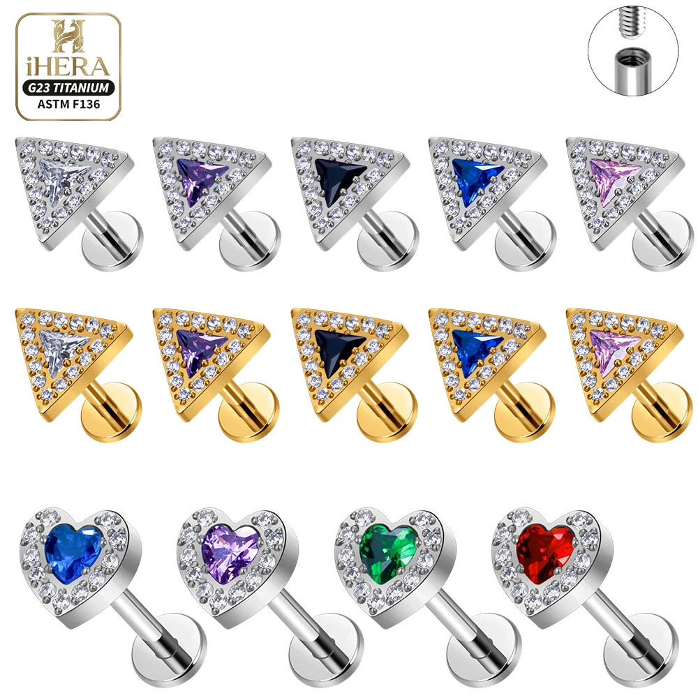 Heart Triangle G23 Titanium Bling Paved CZ Internally Threaded Flat Back Labret Studs Lip Ear Lobe Cartilage Jewelry Lot