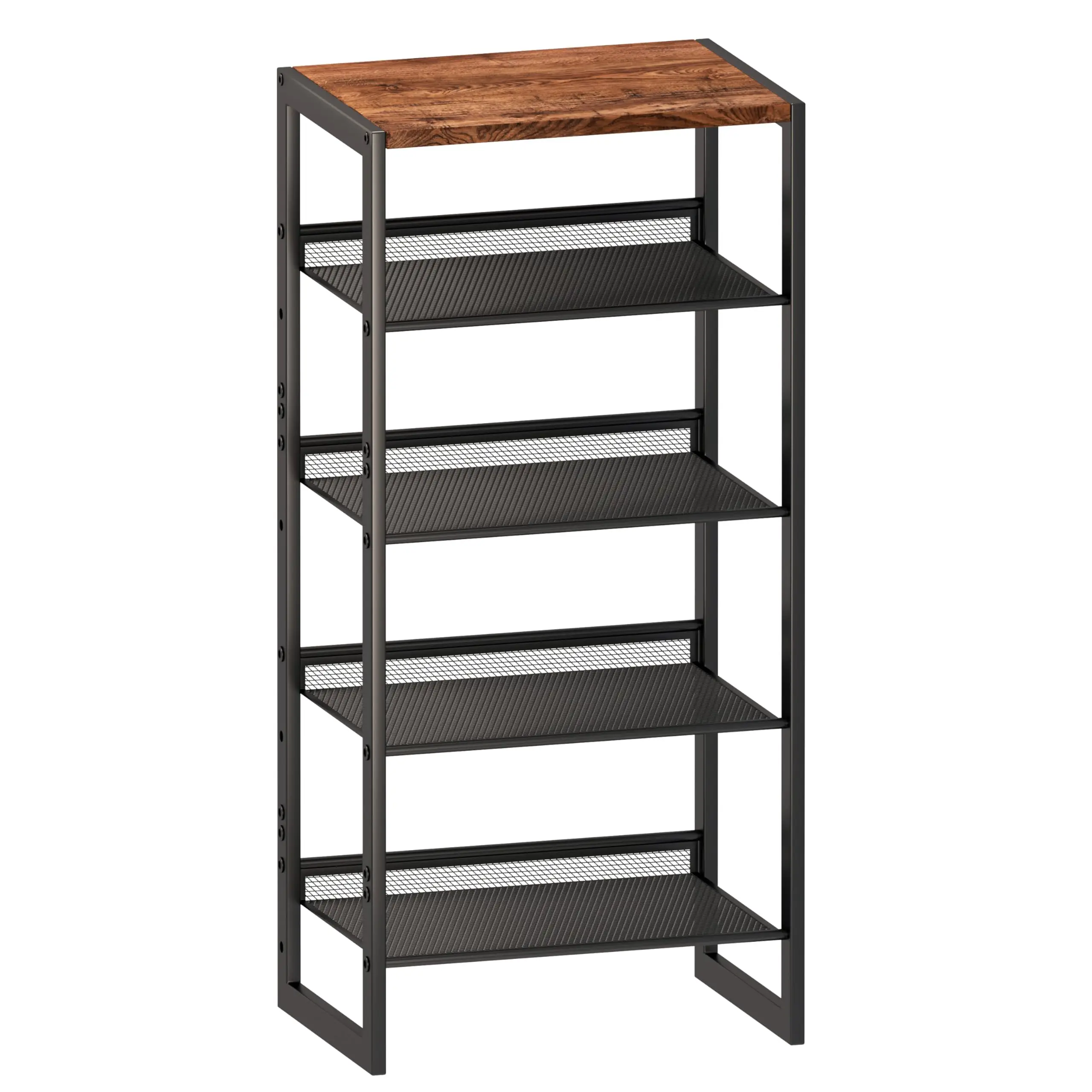 

5-Level Narrow Shoe Organizer With Rustic Wood Top And Black Metal Mesh Shelves, Compact Entryway Closet Storage Unit