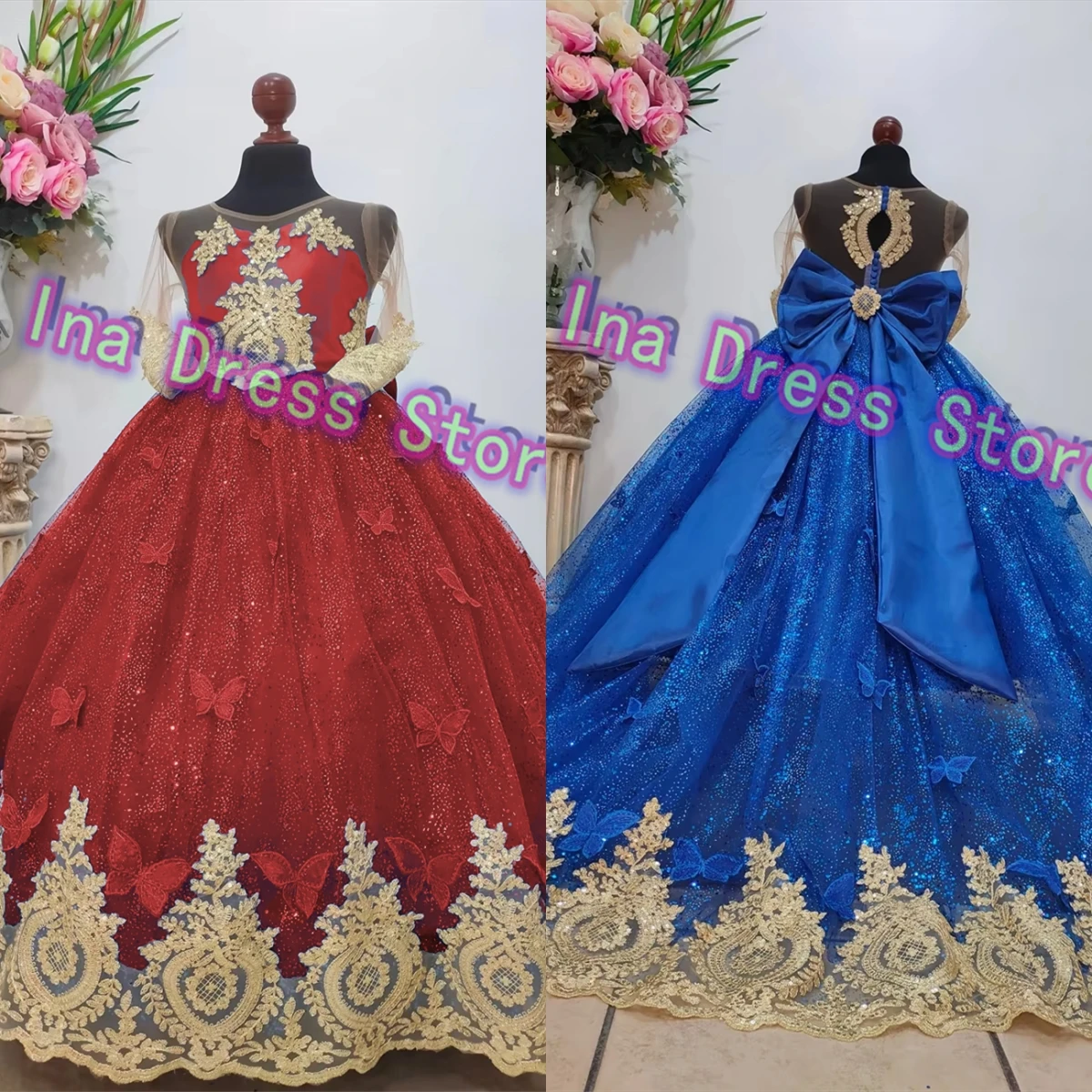 Flor Menina Vestido Elegante Vestidos Erva Daninha Menina Princesa Festa Impressão Luxo Ouro Appliqué Primeira Comunhão Vestidos Personalizados