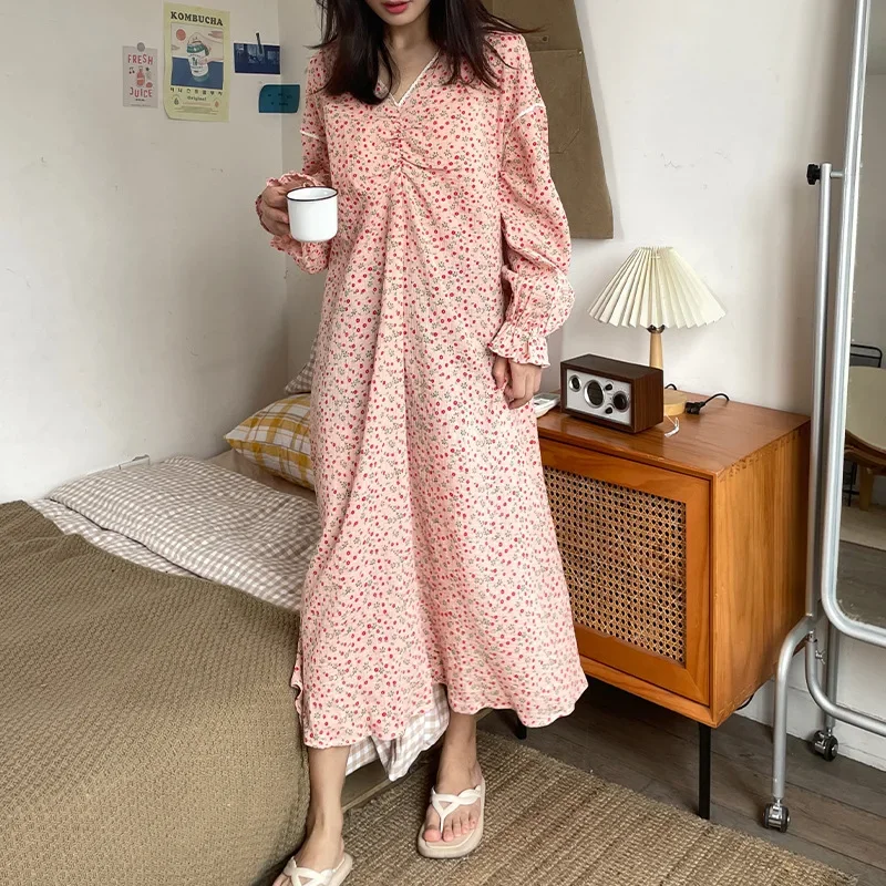 Casual 100% Cotton Muslin Dress For Women Sexy V-neck Long Sleeve Loose Maxi Robe Elegant Pajamas Nightdress Vestidos