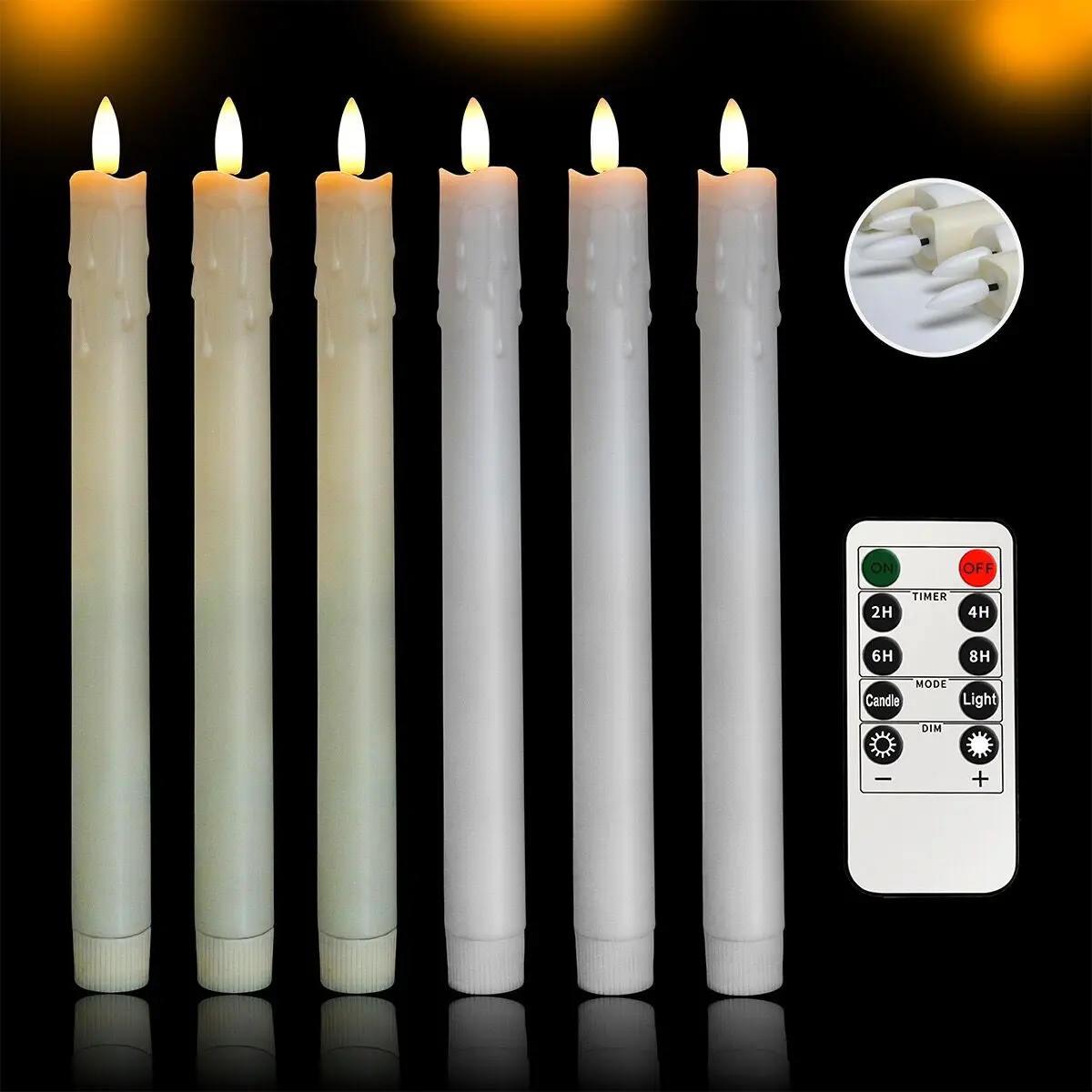 

3D Wick Dripping Wax Candlesticks Flickering led Taper Remote controlled w/Timer Ivory/White Battery Operate Home table Lighting