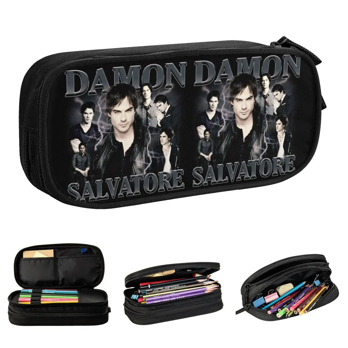 Damon Salvatore Pencil Case The Vampire Diaries Ian Somerhalder Tv Series Pen Bag for Student Large Storage Office Pencilcases