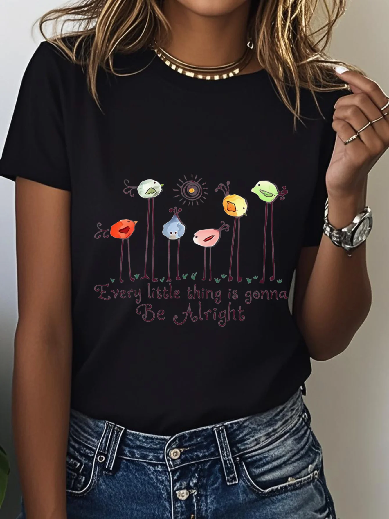 

Women'S Plus Size Every Little Thing is Gonna Be Alright Print T-Shirt Comfortable and Breathable for Casual Wear