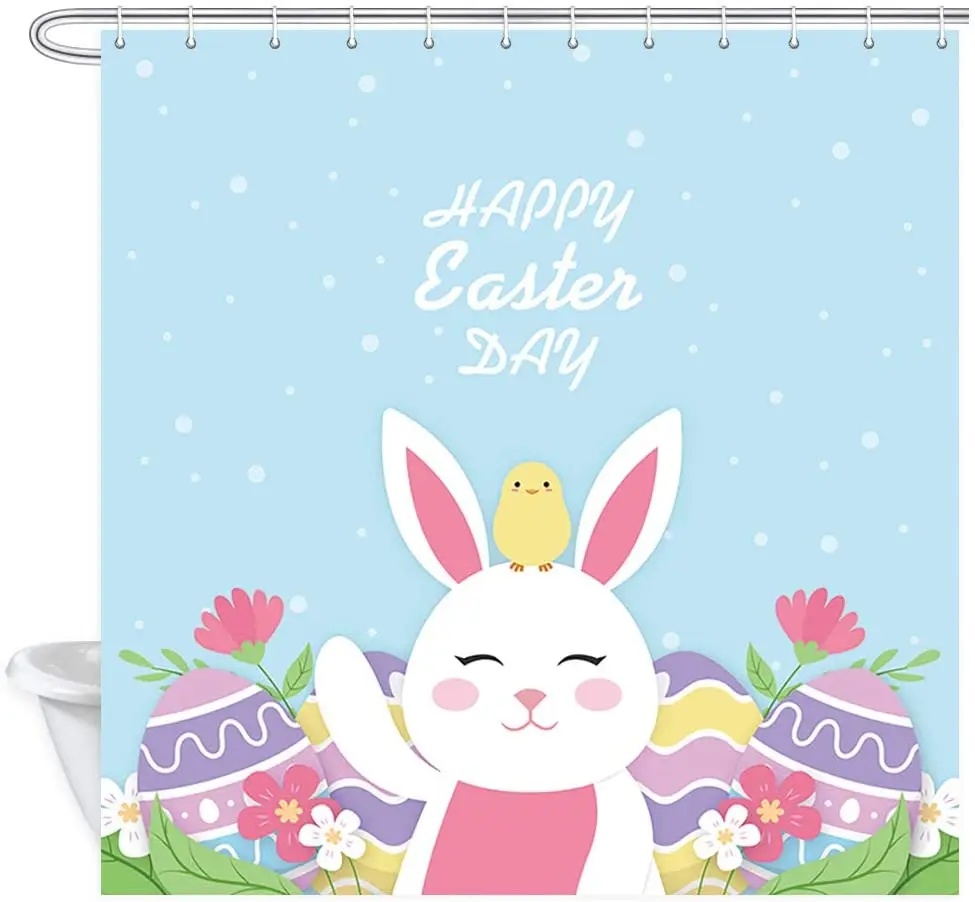 Happy Easter Shower Curtain Chicken Rabbit Flowers and Colorful Eggs Polyester Fabric Bath Bathroom Curtains Set with Hooks