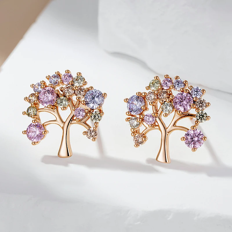 Wbmqda Fashion Colorful Lucky Tree Stud Earrings For Women 585 Rose Gold Color Exquisite Natural Zircon Jewelry 2023 Trending