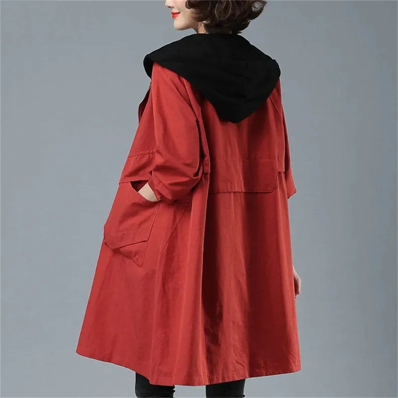 Lining Windbreaker Women Mid-length Loose Korean Fashion 5xl Autumn 2022 New Wild Spring Trench Coat Women Jacket Hooded