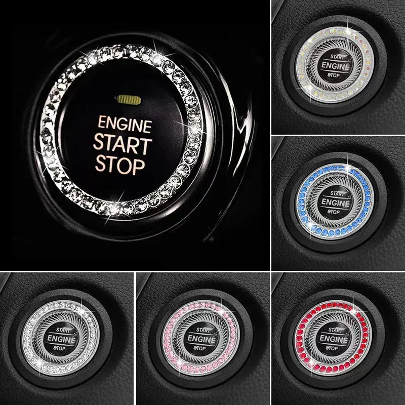 

New Car One-key Start Button Decoration Ring with Diamond Rhinestone Circle Start Stop Switch Ring Car Interior Accessories