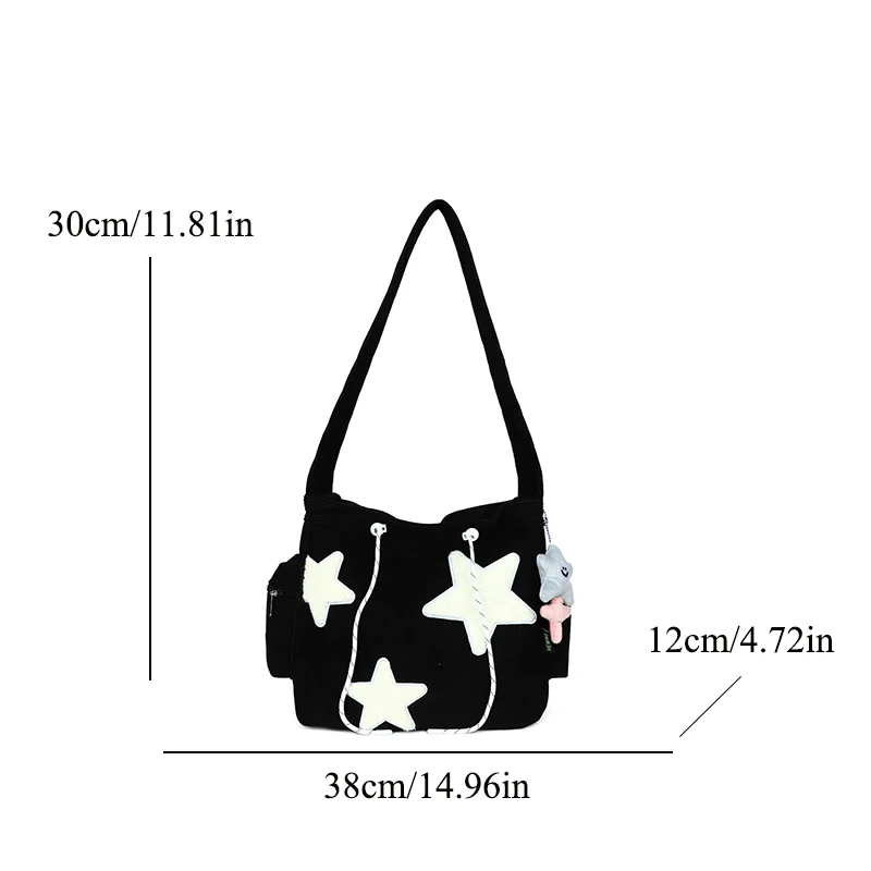 Large-capacity corduroy commuter student cute shoulder crossbody bag ins learning five-pointed star corduroy tote messenger bag with pendant