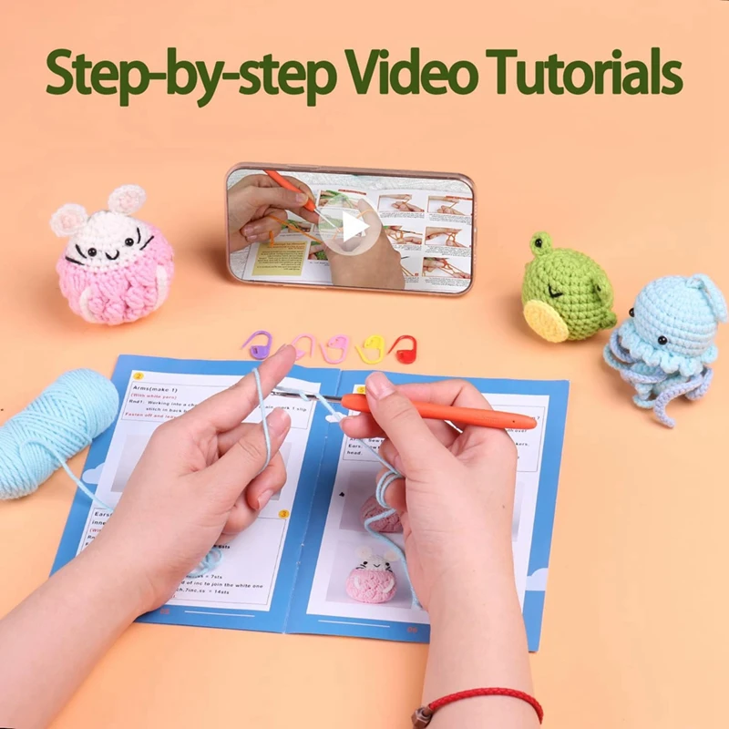 Set dari 3 "dengan tutorial Video langkah-demi-langkah Kit hewan Crochet Kit pemula cocok untuk anak-anak dan dewasa