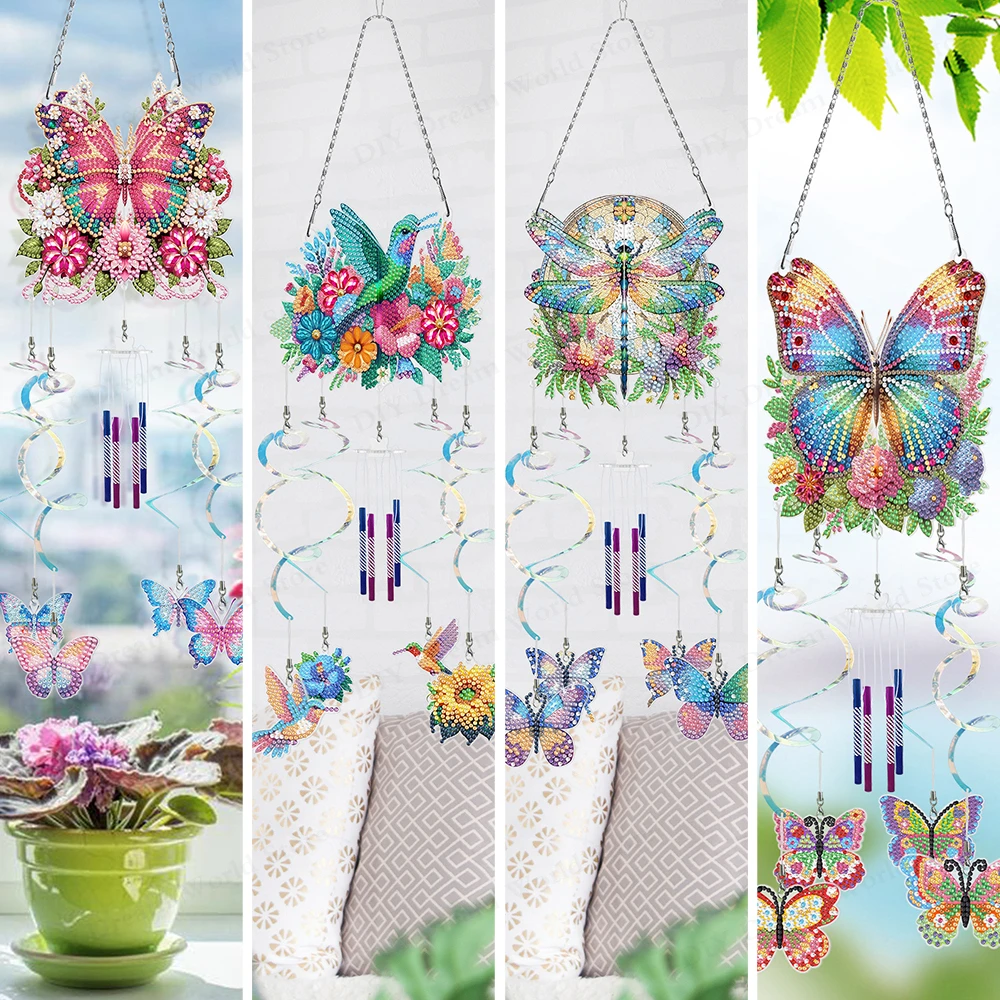 

Acrylic Double-sided Diamond Painting Captures Flower Butterfly Hummingbird Dragonfly DIY Wind Chimes Garden Doors and Windows D