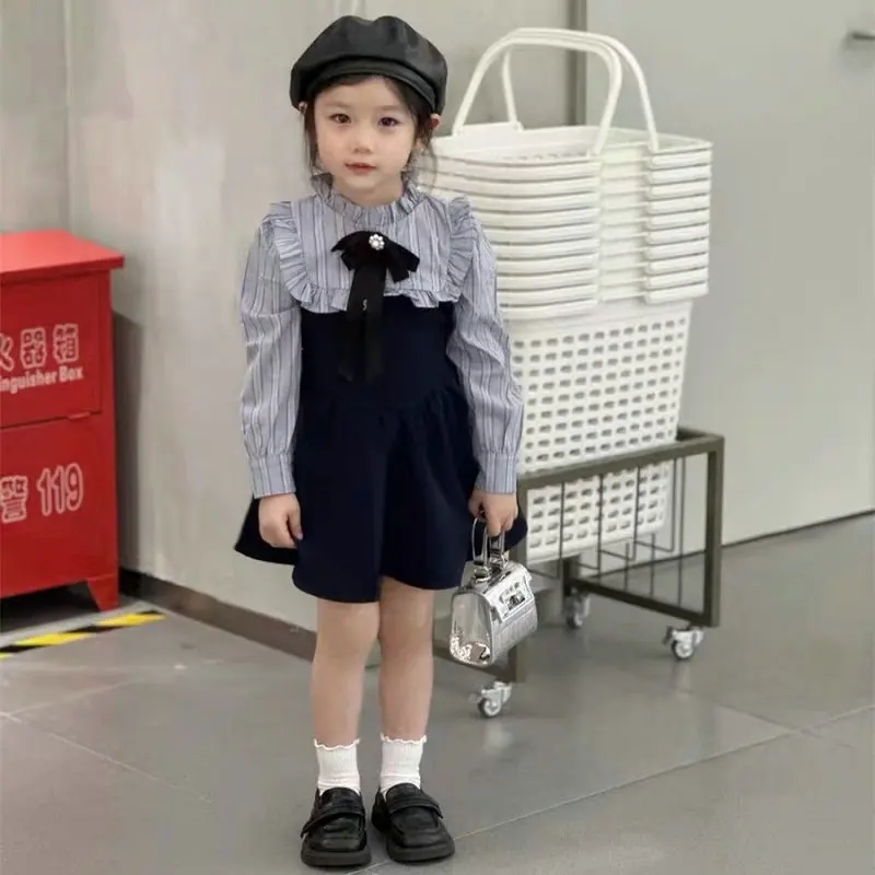 Girls' Dress Academy Bow Waist Fake Two Piece Stripe Dress 2024 Spring Autumn New Student School Uniform Children's Clothing