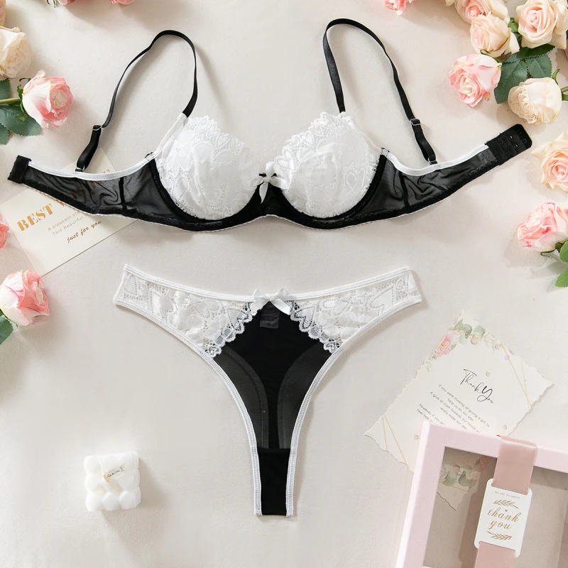 

Bikini Lace Mesh Patchwork Bra Underwear Three-Piece Set with Neck Ring