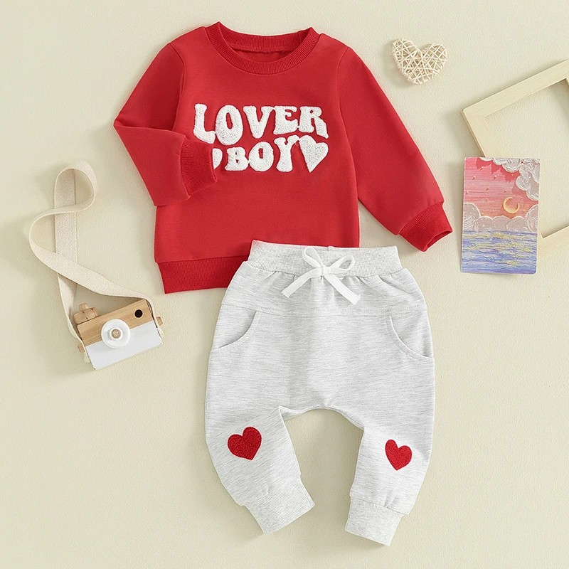 Baby Girls My First Valentines Day Outfit Long Sleeve Crewneck Heart Print Sweatshirt Long Pants Headband 3PCS Set