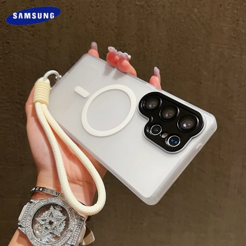 Магнитный чехол для беспроводной зарядки Magsafe для Samsung Galaxy S25 S24 S23 Ultra Plus FE, ручной ремешок, матовый защитный чехол для объектива Магнитный чехол для беспроводной зарядки Magsafe для Samsung Galaxy S25 S24 S23 Ultra Plus FE, ручной ремешок, матовый защитный чехол для объектива