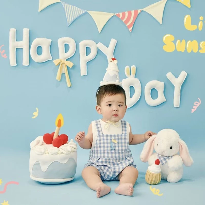 

Newborn Photography Props Birthday Theme Clothing Set Blue Backdrop Letters with Cake Doll for Baby Photo Shoot Shooting Set