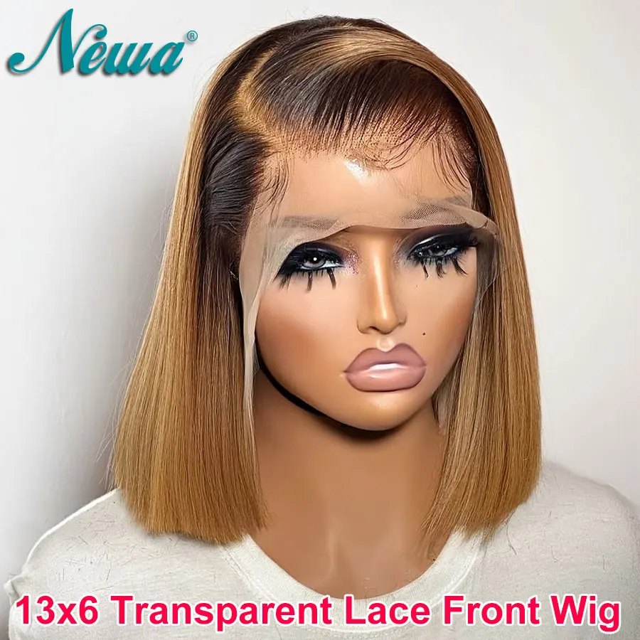 

Newa Hair Transparent Lace Short Bob Wig Straight Human Hair Glueless Wig 13x6 Lace Front Wig Pre Plucked Ombre Color 13x6 Wigs