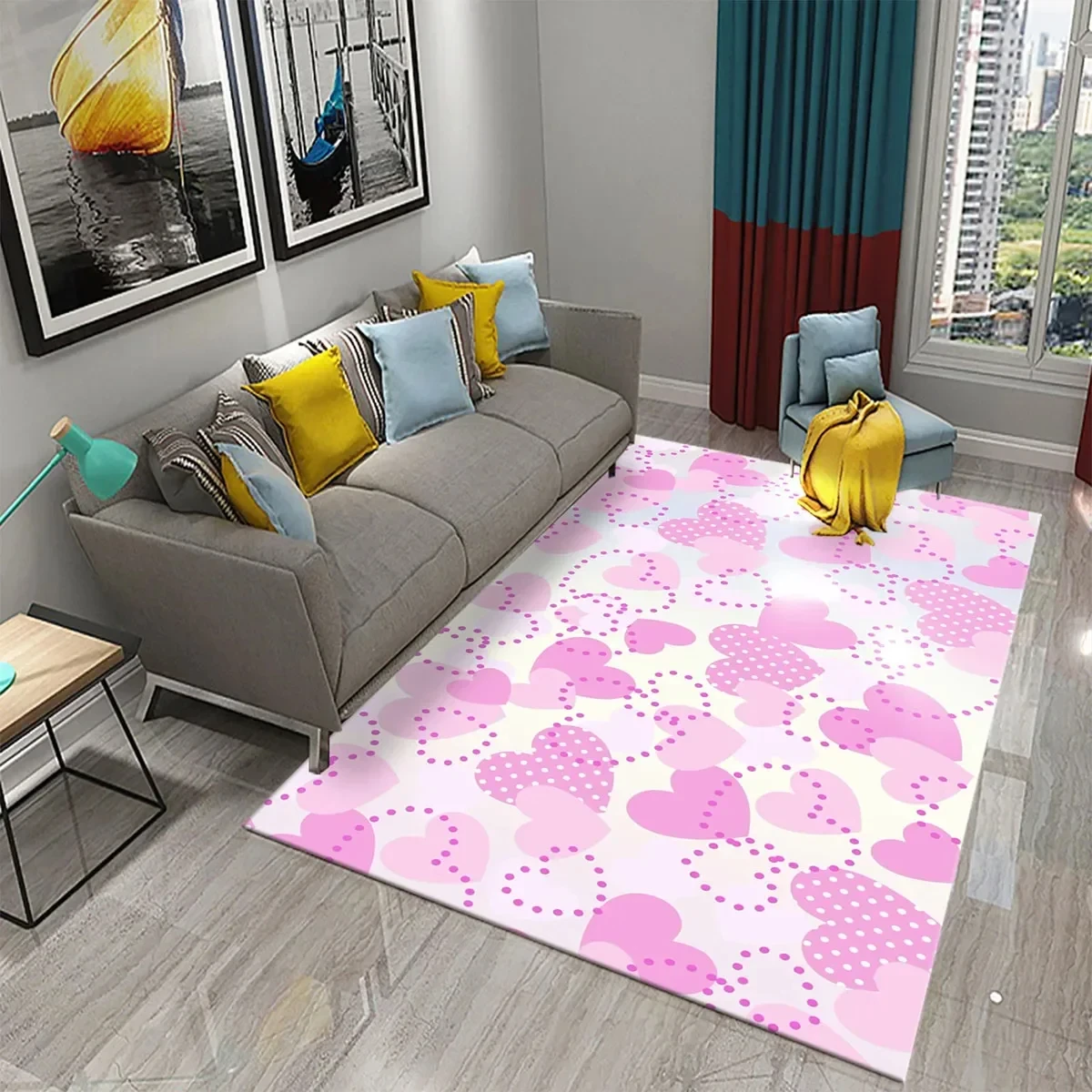 Pink Love Heart Printed Carpet Bedroom Living Room Bedside Bed Household Anti Slip and Soft Decoration Large Piece Home Carpets
