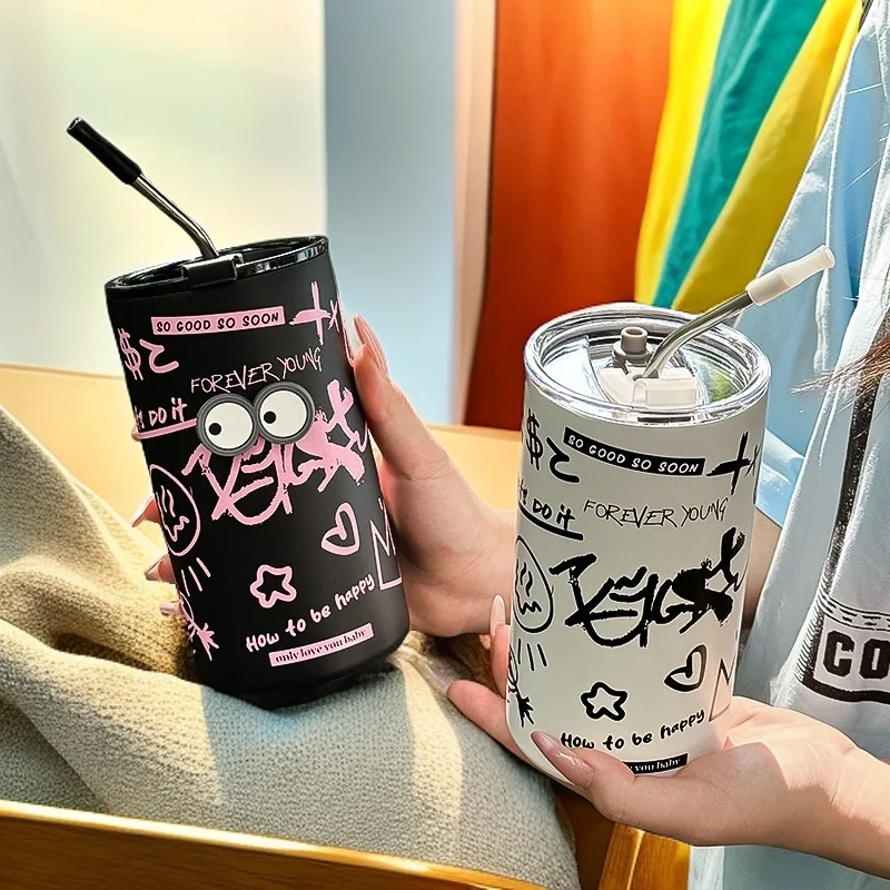 

Coffee Mug 2025 New Graffiti American Coffee Cup Girls High Value Straw Cup Office Water Cup Stainless Steel Thermos Cup 2