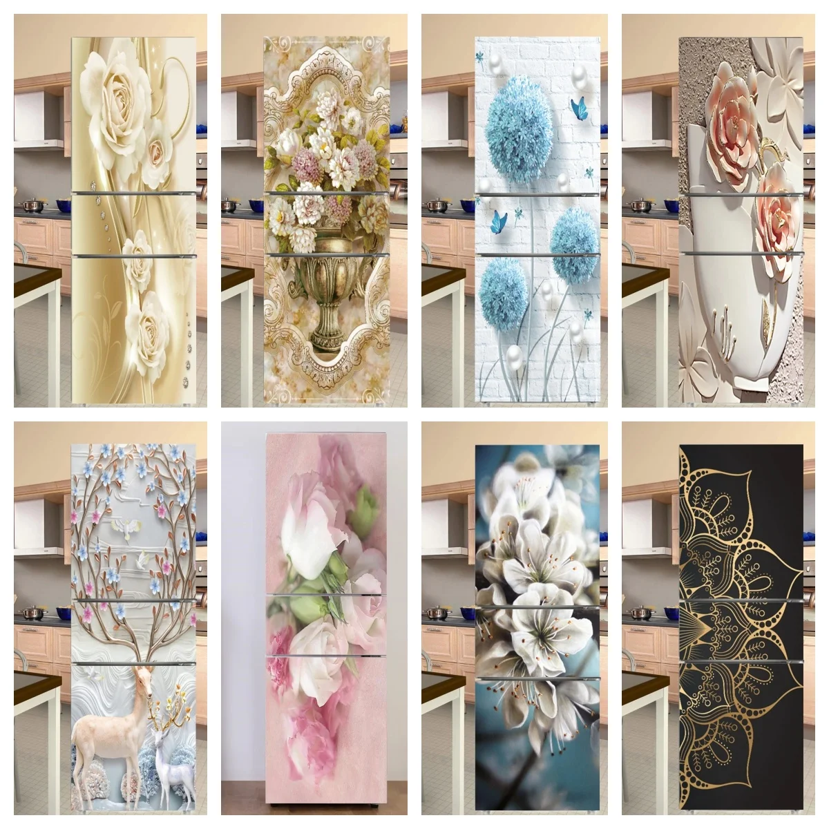 White Flower Fridge Door Decorations Elegant Flowers Refrigerator Sticker Self Adhesive Wall Stickers Wallpaper Art Mural Decor