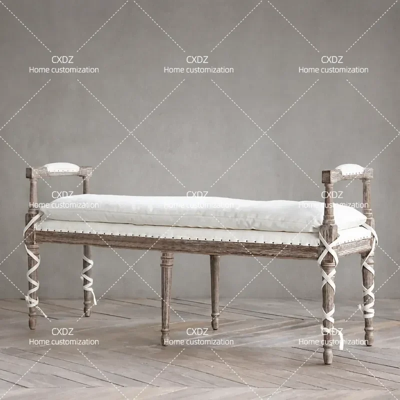 American Solid Wood Retro Handrail Bedside Stool French Log Entryway Shoe Changing Bench Custom Furniture