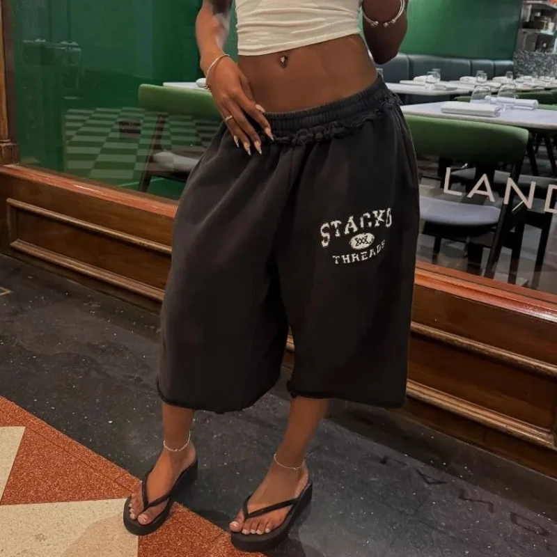 Retro Casual Pilot Shorts Ruffle Crest Graphic Woven Label Frayed 3/4 Shorts Hip Hop Harajuku Streetwear Unisex Wide Leg Pants