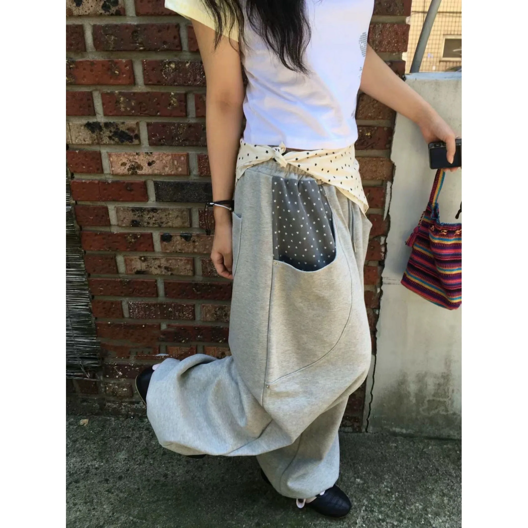 Street Style Retro Color Block Sports Pants Ladies Casual Trousers Star Print Wide Leg Pants Natural Waist Long Pants