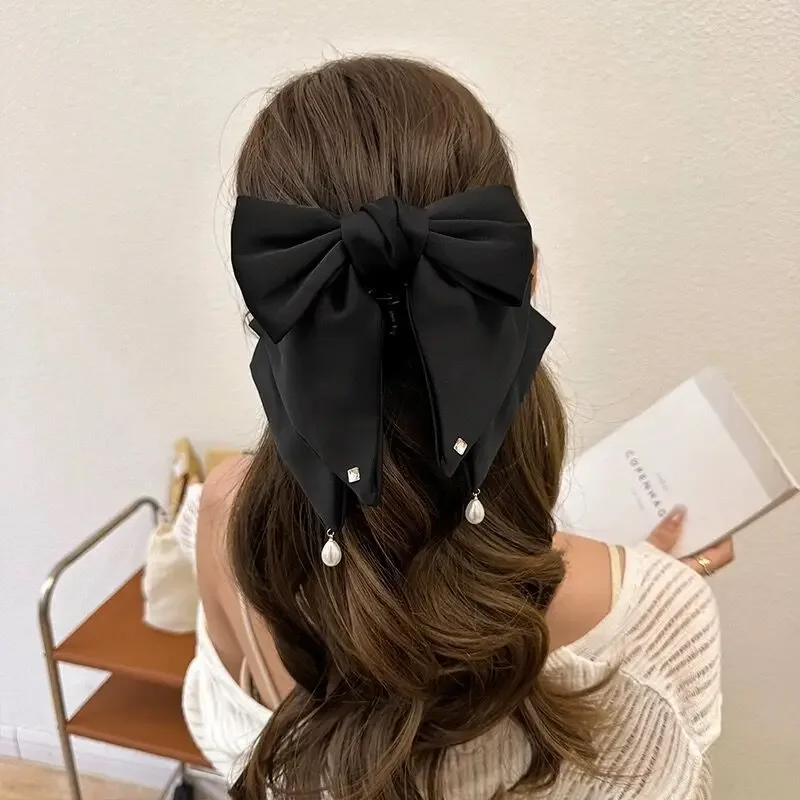 

Korean Fashion Hair Accessories Multi-layer Satin Long Style Pearl Rhinestone Grip Clip Temperament Essential for Girls on Date