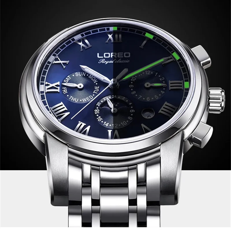 LOREO Luxury Multifunction Watches Men 316 Stainless Steel Strap Sport Waterproof Automatic Mechanical Wrist Watch Man Reloj