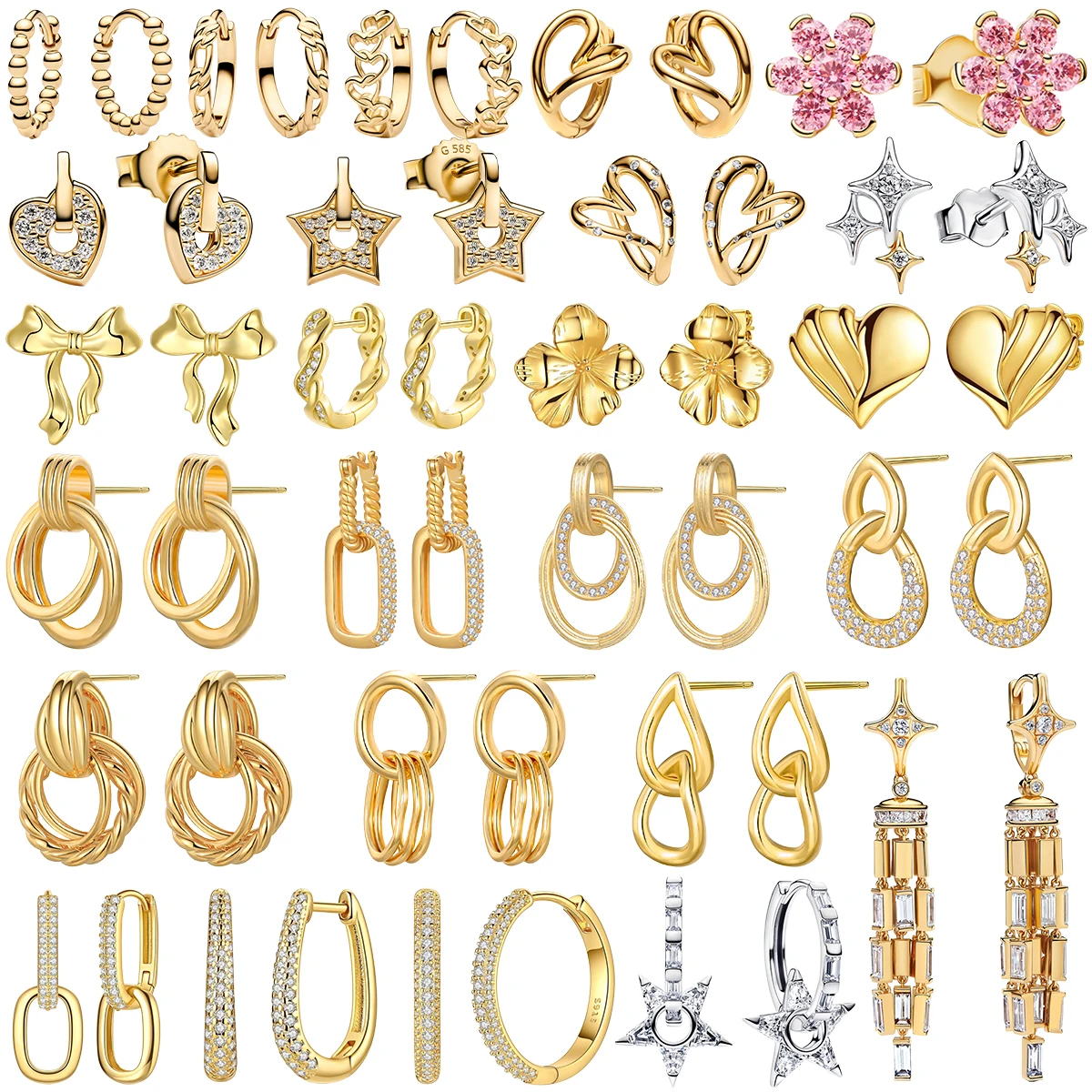 Nuevos pendientes de aro geométricos de plata S925 con baño de oro, pendientes de tuerca con circonitas de estrella, corazón y flor entrelazadas, joyería minimalista