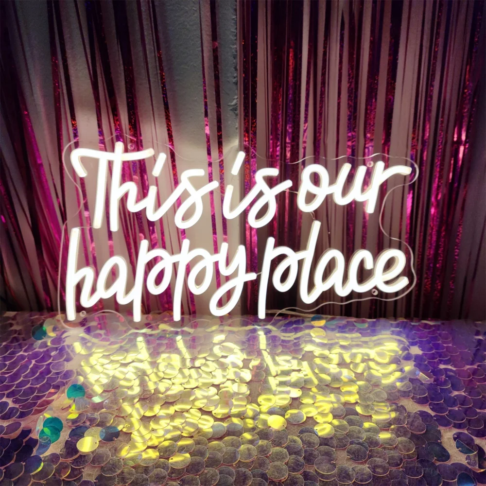 

This Is Our Happy Place Неоновая светодиодная вывеска с буквами Настенный декор Светильники Свадебная вечеринка Украшение комнаты Регулируемая лампа для спальни Бар Клуб