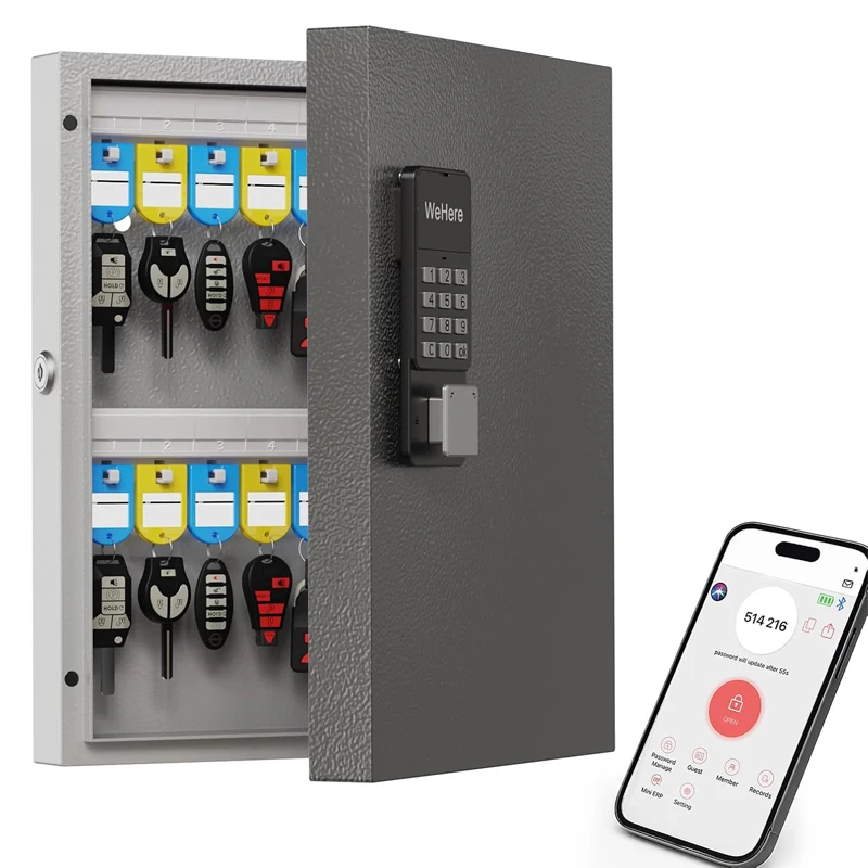 WeHere 32 Key Safe Box, Intelligent Wall Mounted Key Storage Cabinet,OTP/APP Bluetooth/fixed Code Unlocking Key Management Safe