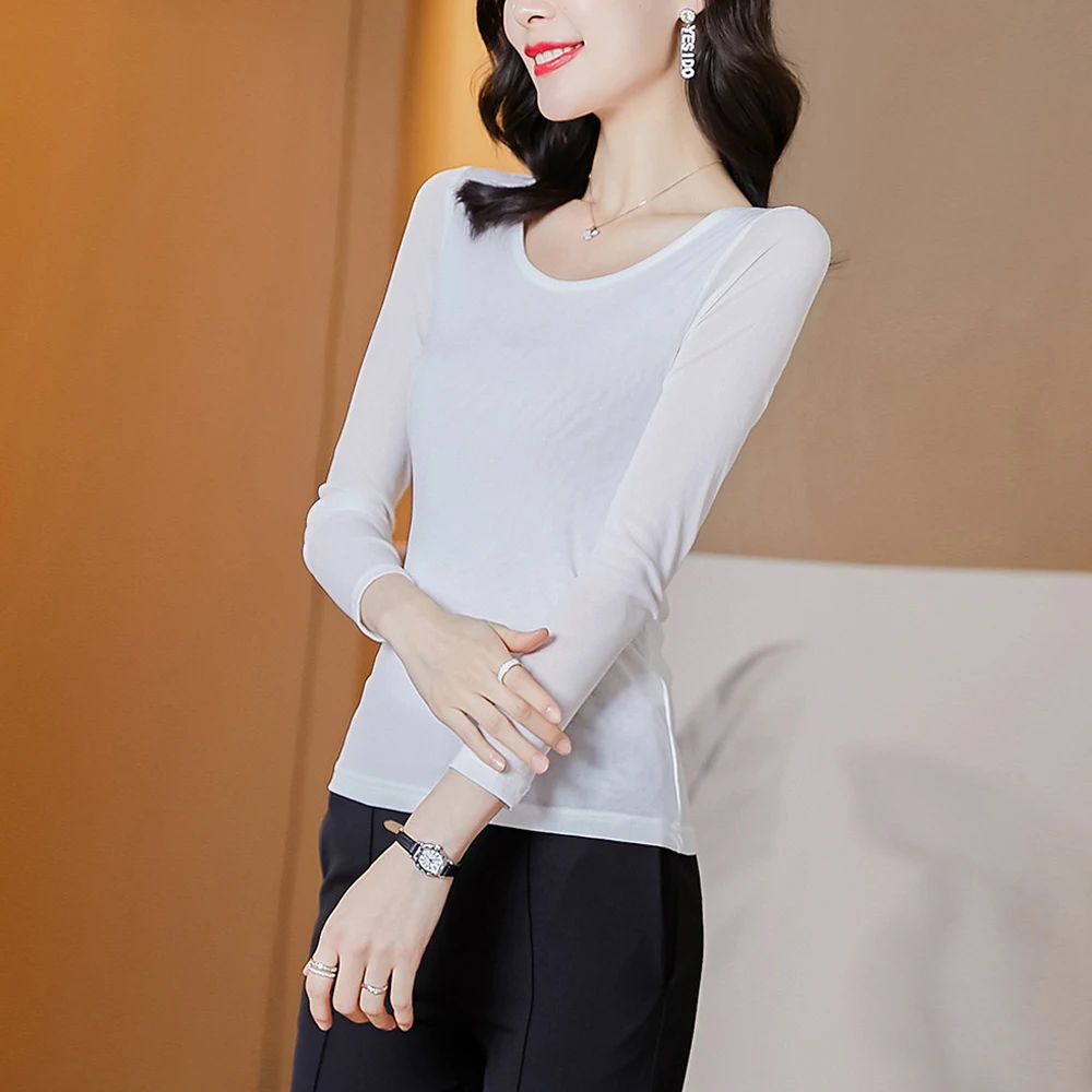 Women's New Mesh T Shirt M-3XL Basic O-neck Full Sleeve Shirt Women Slim Stretch Female Bottoming Blouses Red Ladies Sexy Tops image 3