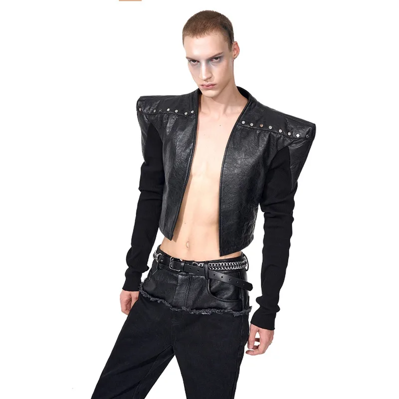 LUZHEN Fashion Personalized Shoulder Pad Leather Splicing Sleeve Design Short Jacket Men's 2025 New Original Street Coat JY3871