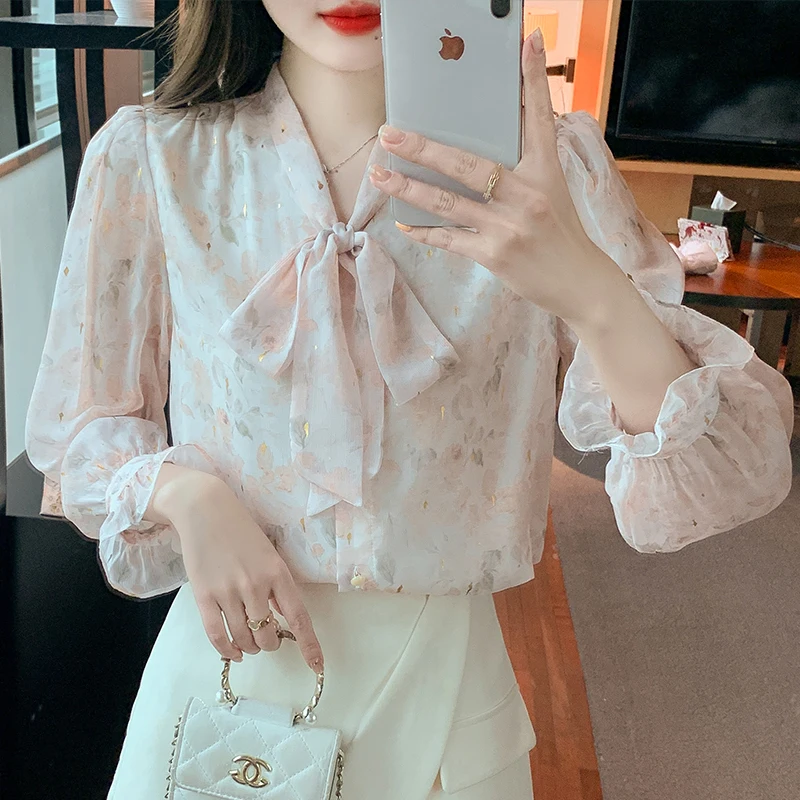 New Fashion New  Long Sleeve Bow Collar Women Blouse Casual Print Chiffon Blouse Shirt Women Tops Blusas Mujer De Moda 2024 H269