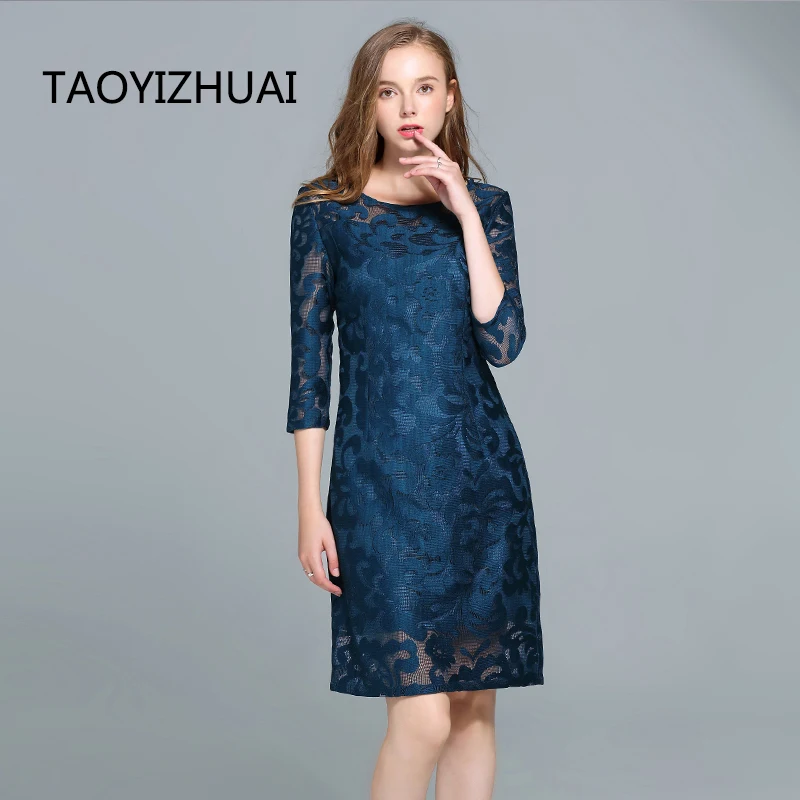 Autumn Vintage Lace Dress Regular Five Quater Sleeves Plus Size Solid Blue A-Line Women Lace Dress Vestidos Para Grados 14068