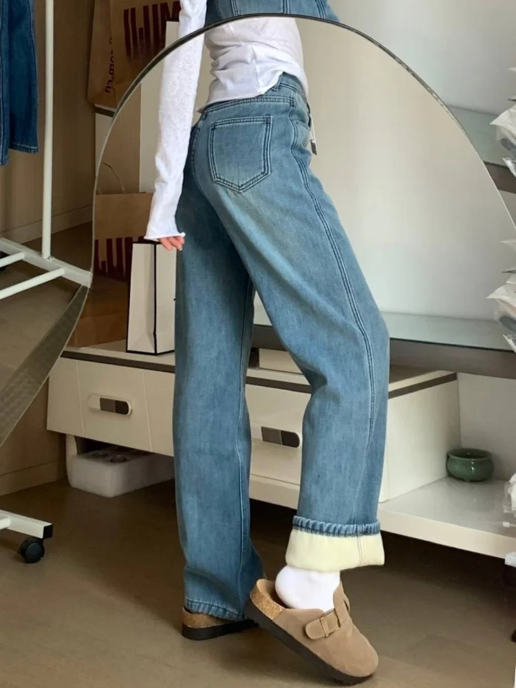 حجم كبير Thiened Fce عالية الخصر الجينز المرأة الشتاء فضفاض بنطال ذو قصة أرجل واسعة مستقيم قطع الطابق طول بنطلون