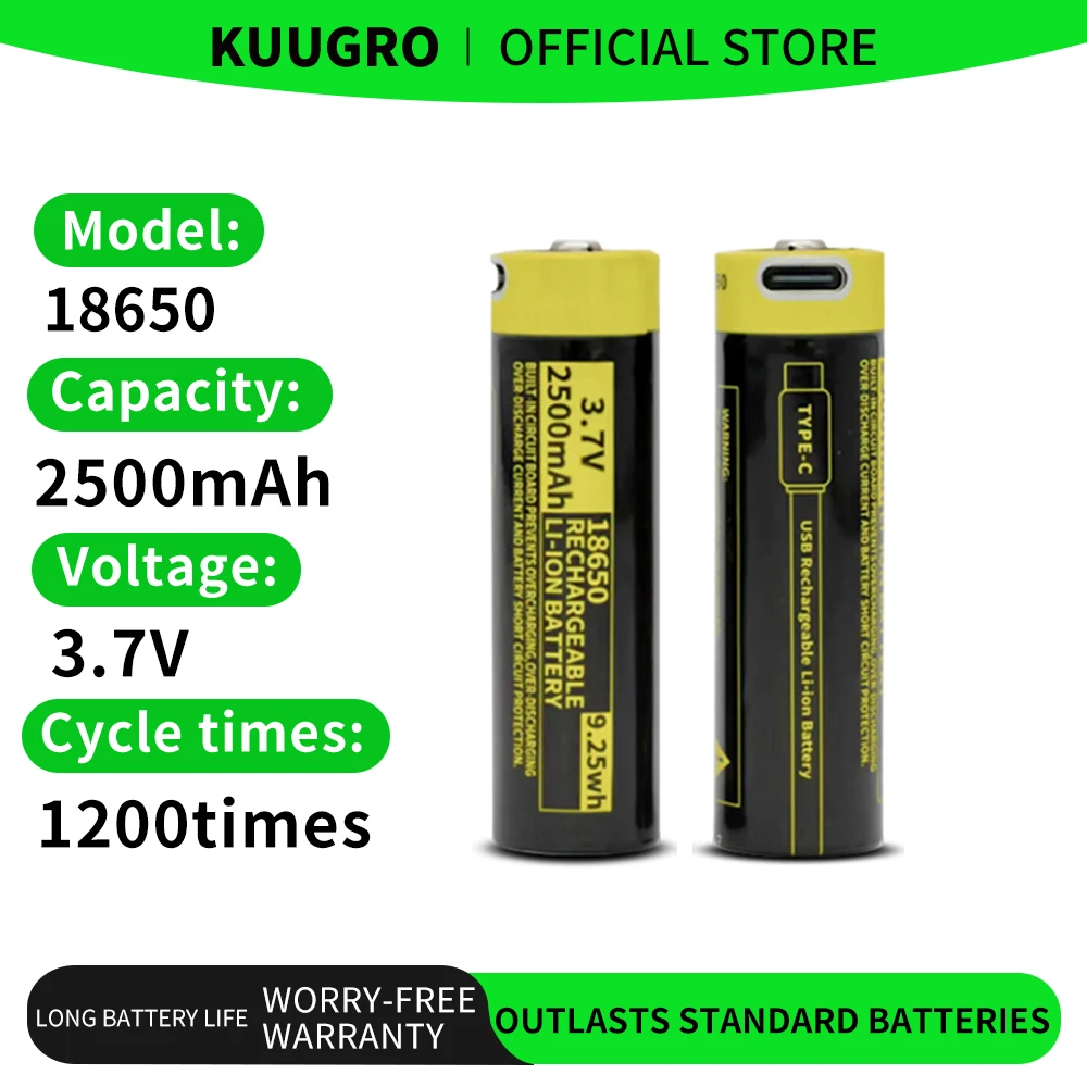 Kuugro USB 18650 batería con PCB 3,7 V 2500mAh tipo C batería recargable de iones de litio para linterna micrófono ventilador maquinilla de afeitar eléctrica
