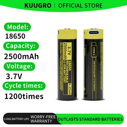 Kuugro  USB 18650 Battery with PCB 3.7V 2500mAh Type-C Rechargeable Li-ion Battery for Flashlight Microphone Fan Electric Razor