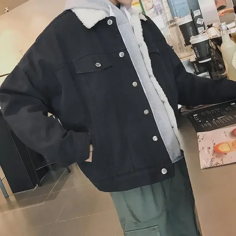 

European And American Men's New Winter Trendy All - Match Thickened Lamb Wool Casual Single - Breasted Denim Jacket