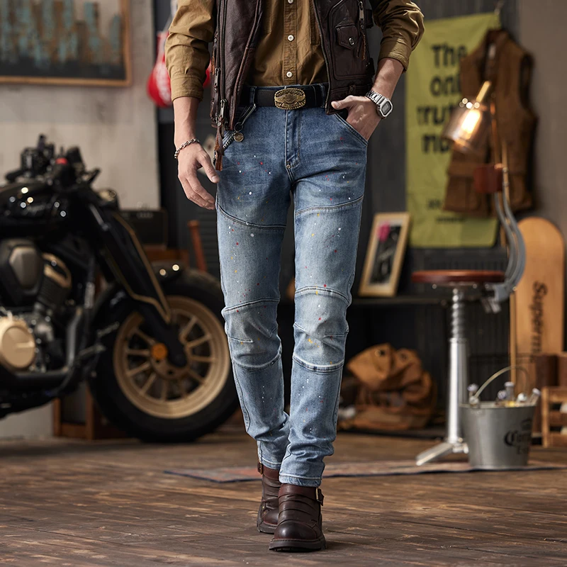 Pantalones vaqueros ajustados de alta calidad para hombre, Jeans de motocicleta, desgastados, ajustados, Retro, azul