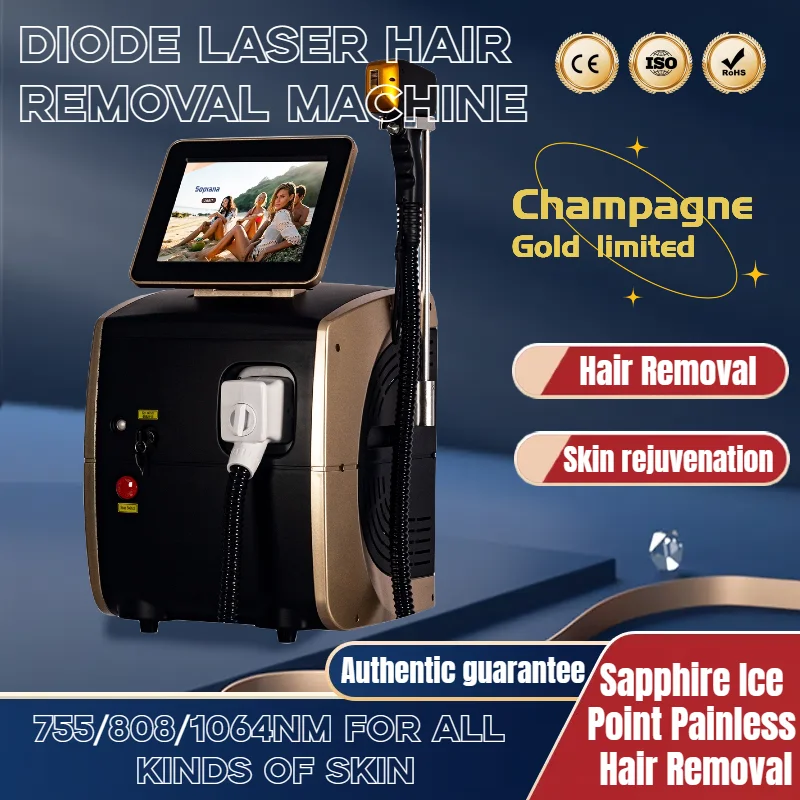 

Champagne Gold limited 808nm Diode Laser Hair Removal Machine 3 Wavelength Alexandrit Ice Platinum Painless Permanent Epilator