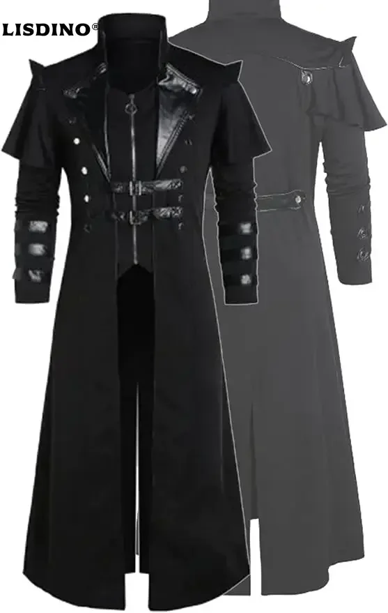 Image of Herren Steampunk Gothic Langer Trenchcoat Jacke Zweireihiger Reißverschluss Punk Tops Cosplay Mittelalter Kostüm Schwarz