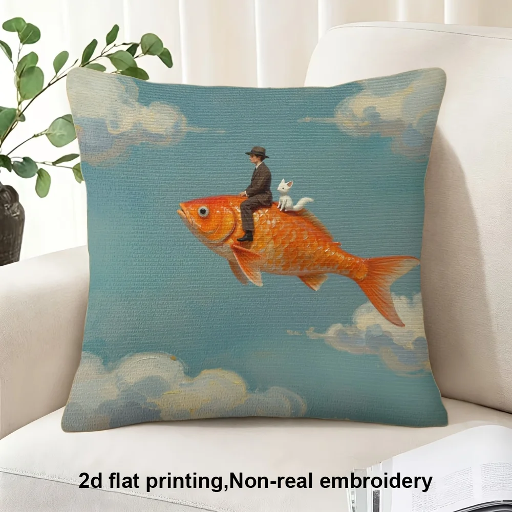 Surreal Flying Goldfish Throw Pillow Cover Man Cat Cloud Sky Printed Cushion Case Home Decor Pillowcase