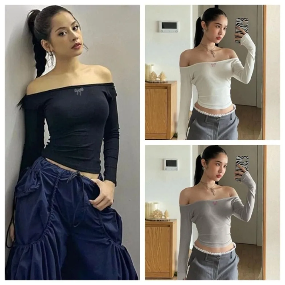 

Fashion Rhinestone Bow Off Shoulder T-Shirt Slim Fit Chic Long Sleeve T-Shirt Solid Color Autumn Base Pullover Tops Spring