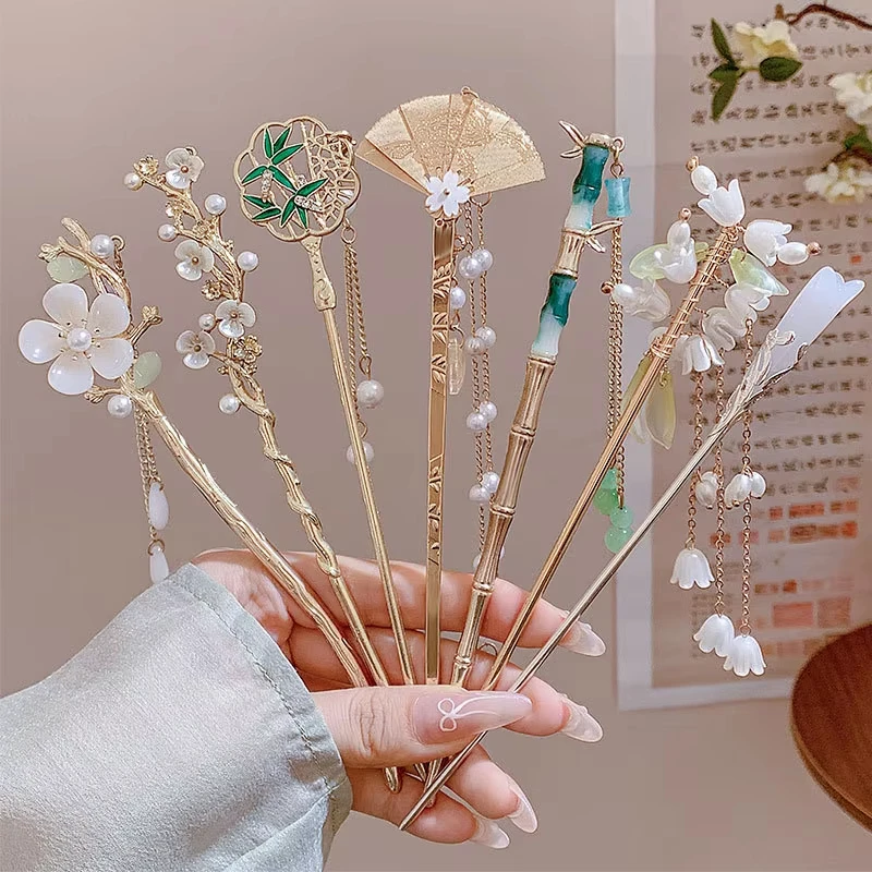 Elegant Chinese Style Romantic Enameled Flower Tassel Hair Clip Alloy Jewelry Fashion Hairpin for Women