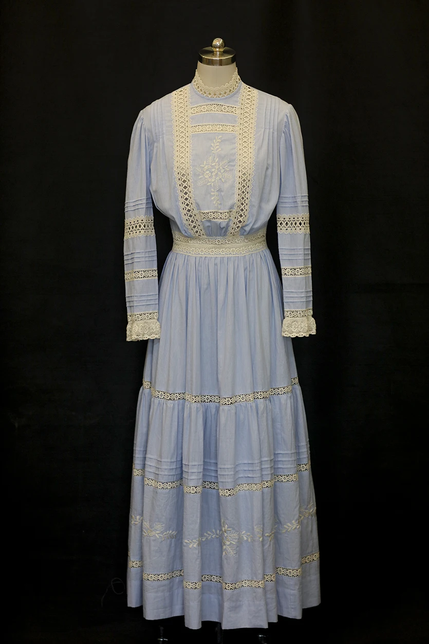 84-100cm busto primavera otoño Maxi vestidos para mujeres Vintage elegante ajustado bordado Sexy ahueca hacia fuera el encaje 100% algodón vestido largo azul