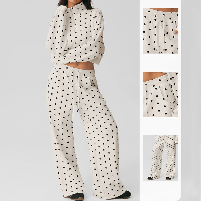 Women Polka Dot Casual Sports Suit Off Shoulder Long Sleeve Yoga Suit Womens Tracksuit Gym Clothes Running Workout Athletic Wear