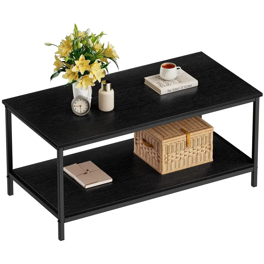 

Black Coffee Table for Living Room Modern Rectangle 2Tier Coffee Tables with Storage Industrial Wood Center Table for Large or